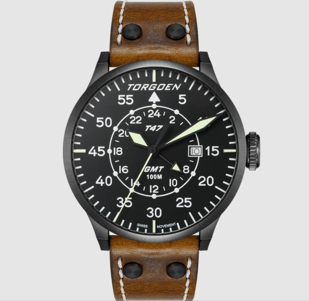 Torgoen T47 TN- 1210 Jumbo Black Sapphire GMT47mm, Brown Leather Strap NEW
